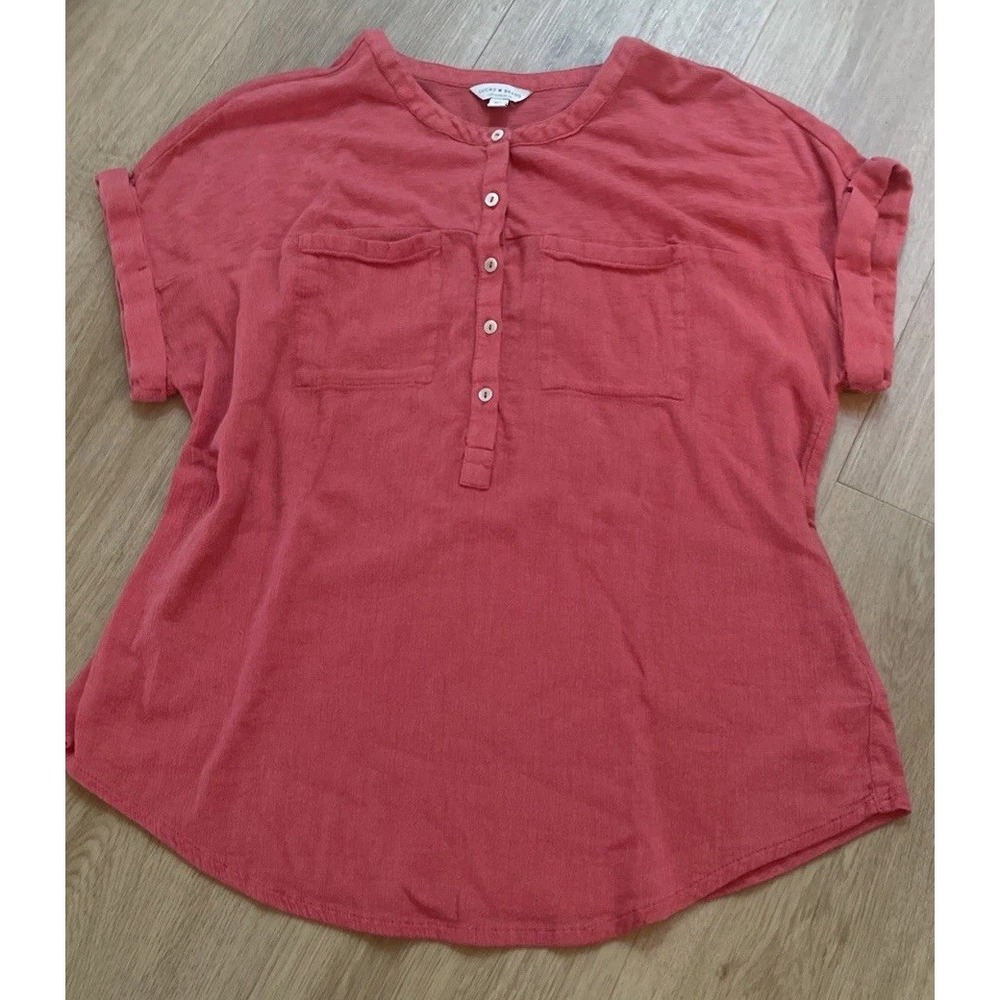 Lucky Brand Women's Blouse Medium Ivory Salmon 1/2 Button Up Short Sleeve